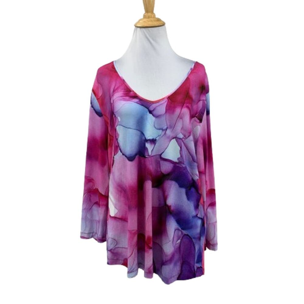 Simply Art by Dolcezza Blouse Womens XL Multi Marble Print V Neck 3/4 Sleeves